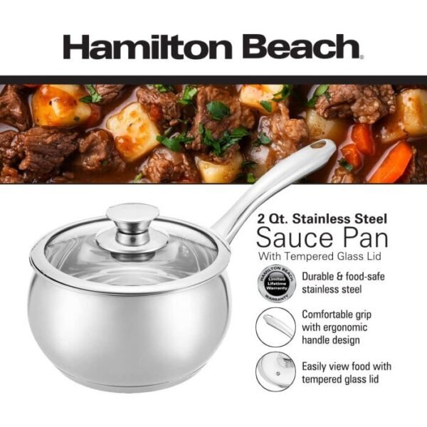 Hamilton Beach Sauce Pan Acero Inox 1.9L | 2Qt C/Tapa Vidrio Induccion Profesional Hbq101 - Image 3