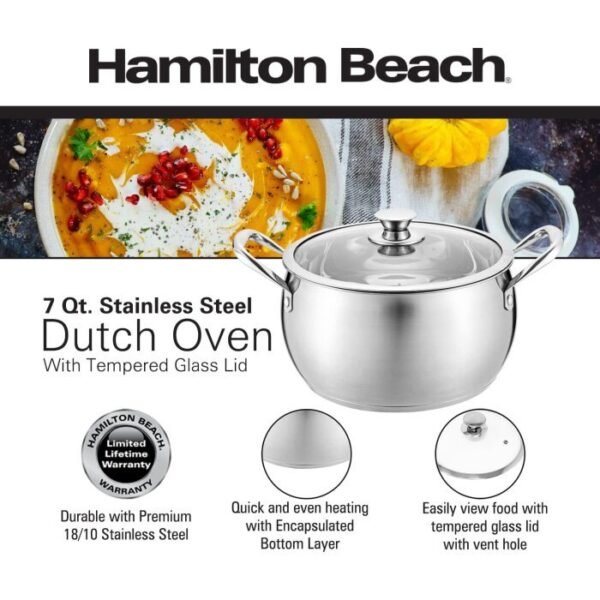 Hamilton Beach Dutch Oven Acero Inox 6.6L | 7Qt C/Tapa Vidrio Induccion Profesional Hbq107 - Image 2
